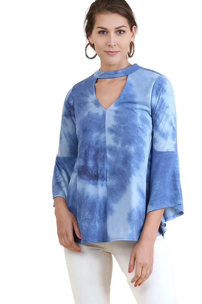Tie Dye Bell Sleeve Bohemian Top, Blue