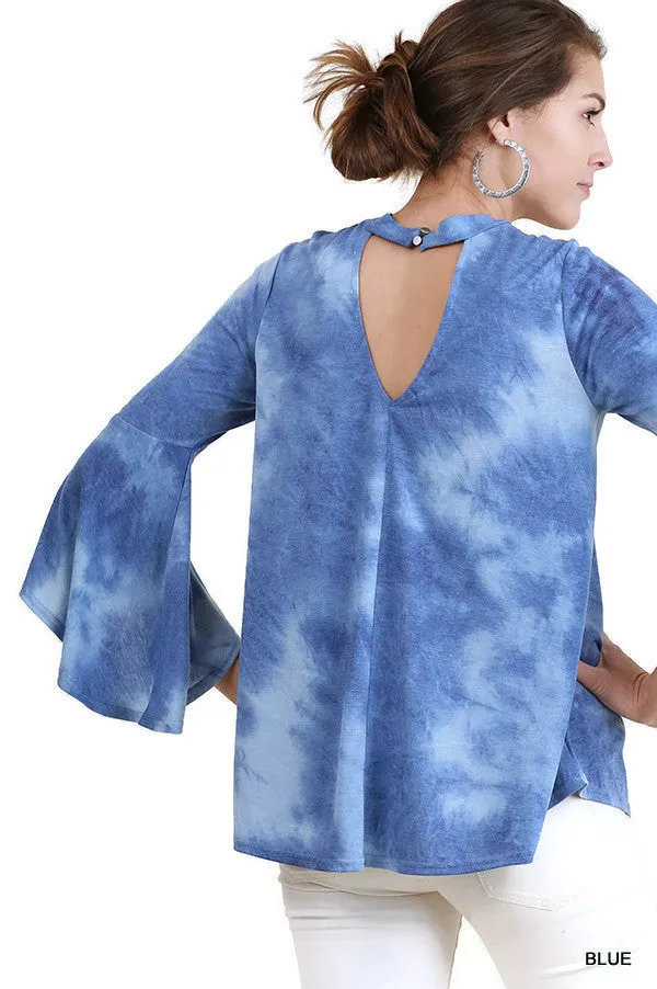 Tie Dye Bell Sleeve Bohemian Top, Blue
