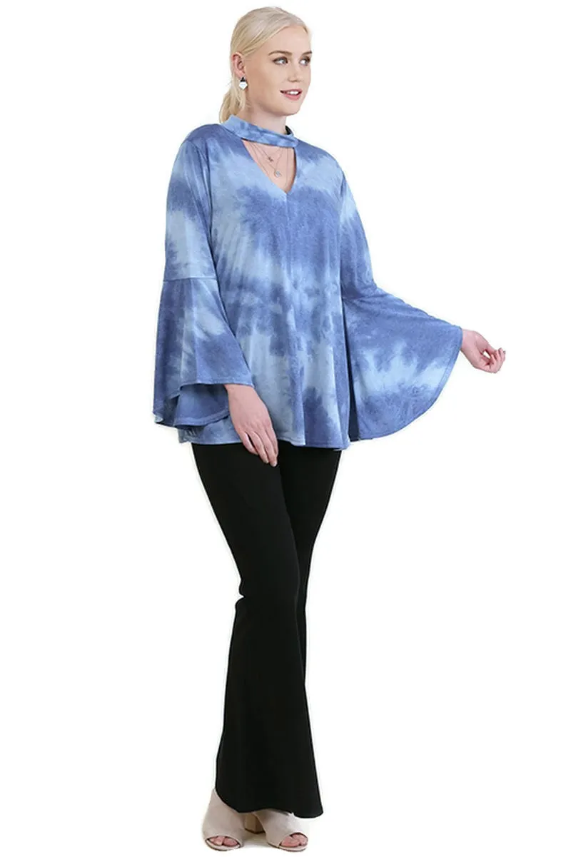 Tie Dye Bell Sleeve Bohemian Top, Blue