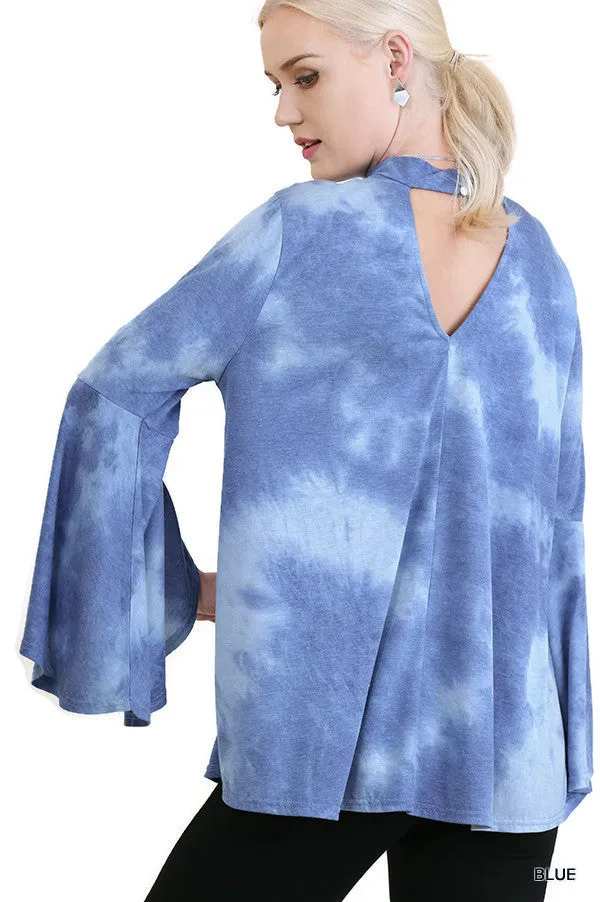 Tie Dye Bell Sleeve Bohemian Top, Blue
