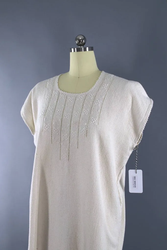 Vintage 1970s Embroidered Ivory Cotton Gauze Dress