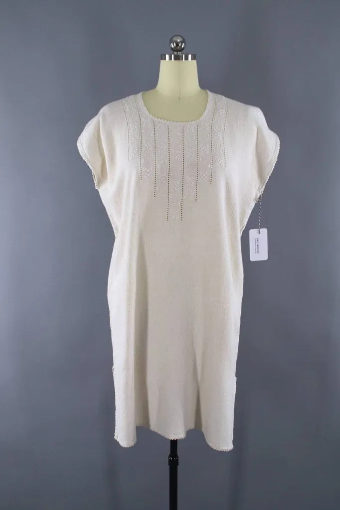 Vintage 1970s Embroidered Ivory Cotton Gauze Dress