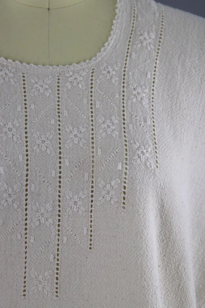 Vintage 1970s Embroidered Ivory Cotton Gauze Dress