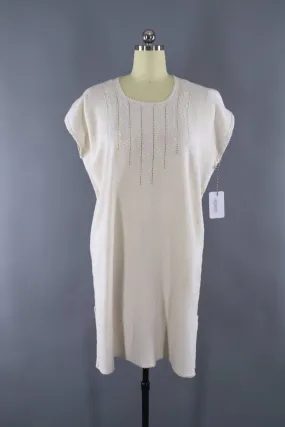 Vintage 1970s Embroidered Ivory Cotton Gauze Dress
