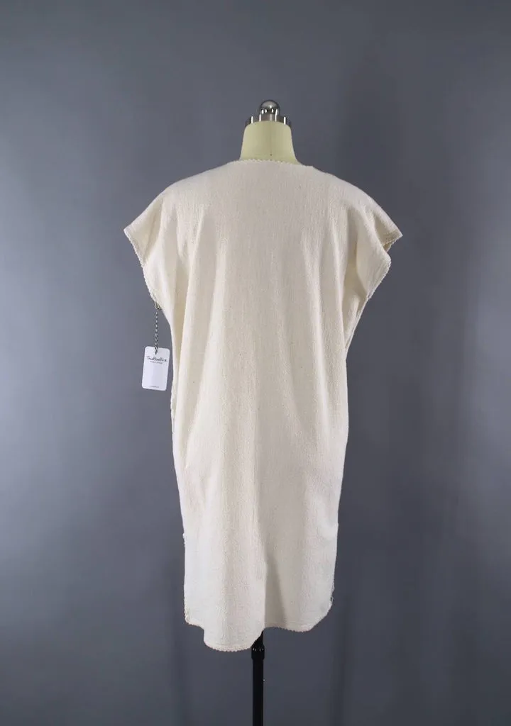 Vintage 1970s Embroidered Ivory Cotton Gauze Dress