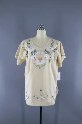 Vintage 1970s Mexican Embroidered Tunic / Cream Ivory Floral / Oaxacan