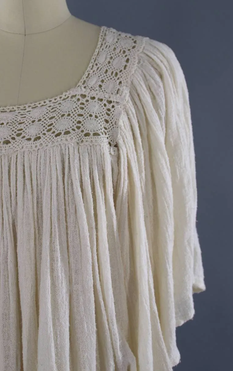 Vintage Cotton Gauze Tunic / Ivory Crochet Blouse