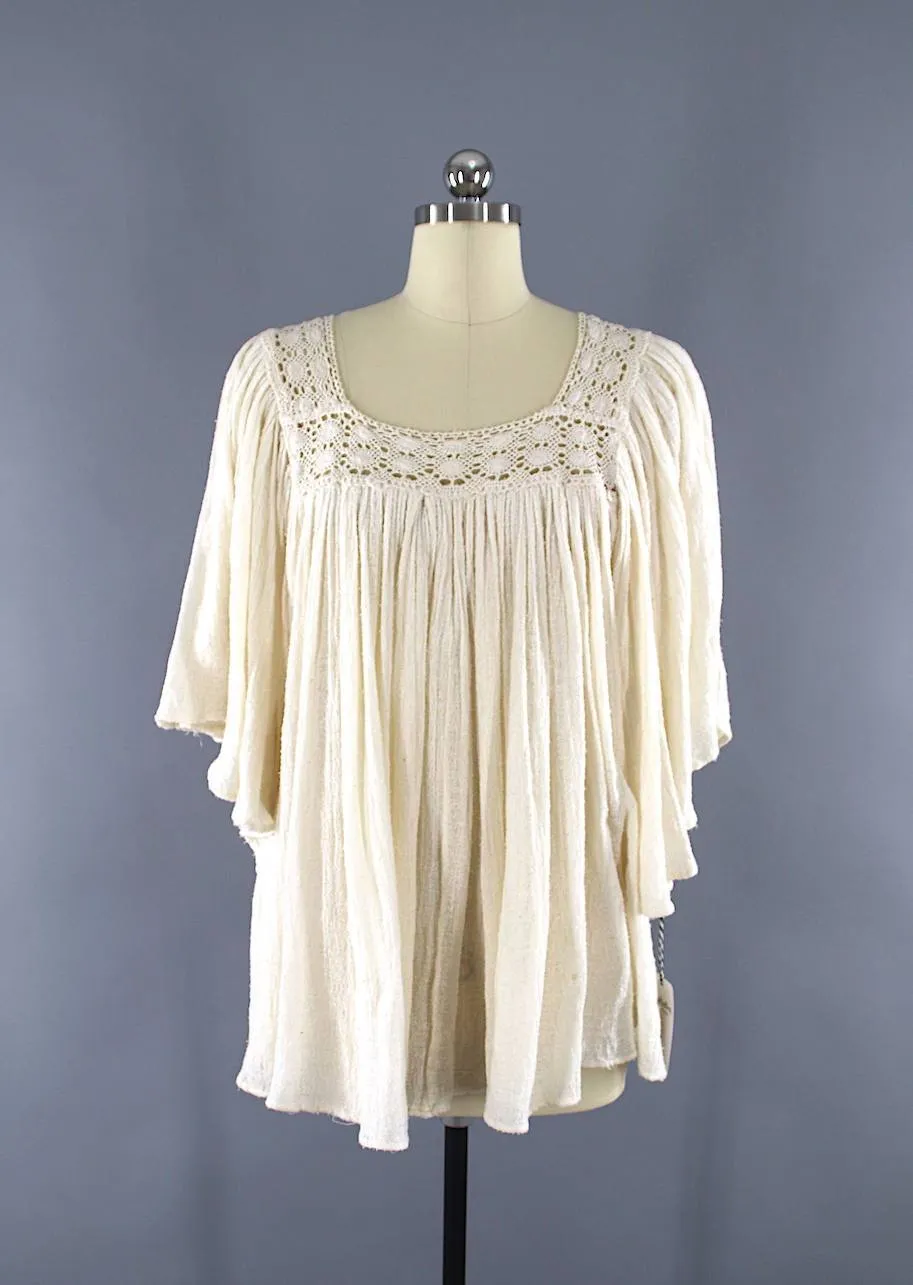 Vintage Cotton Gauze Tunic / Ivory Crochet Blouse