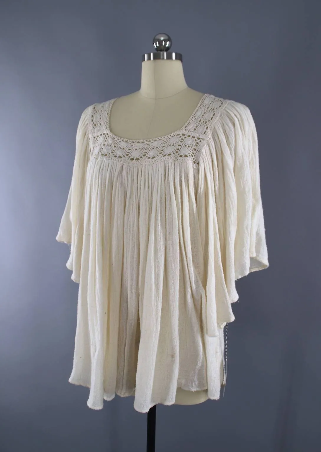 Vintage Cotton Gauze Tunic / Ivory Crochet Blouse