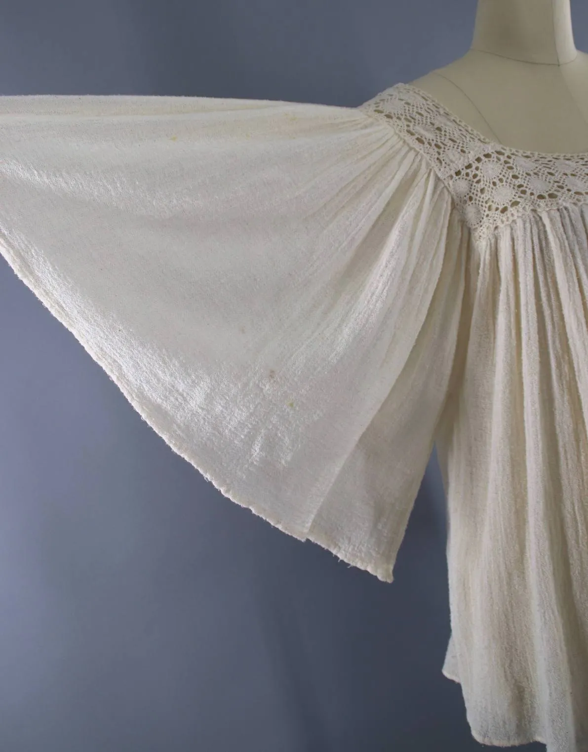 Vintage Cotton Gauze Tunic / Ivory Crochet Blouse