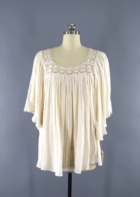 Vintage Cotton Gauze Tunic / Ivory Crochet Blouse