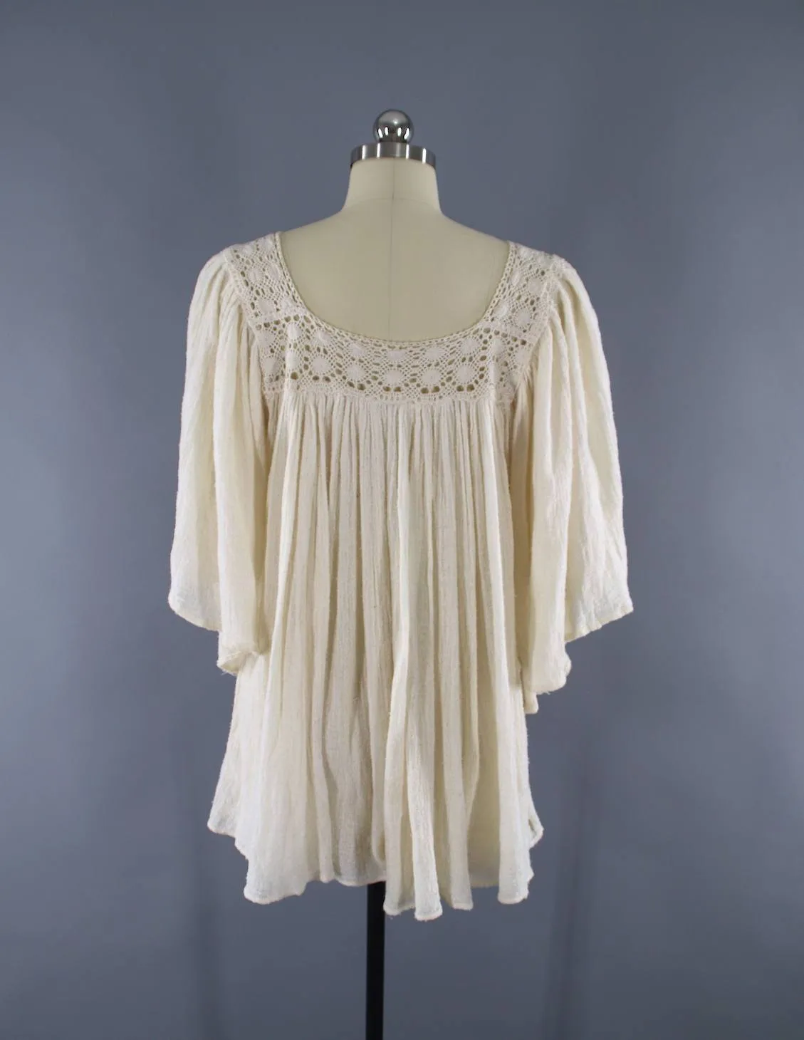 Vintage Cotton Gauze Tunic / Ivory Crochet Blouse