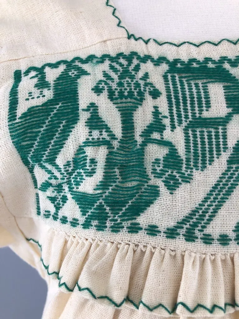 Vintage Ivory & Green Embroidered Tunic Blouse