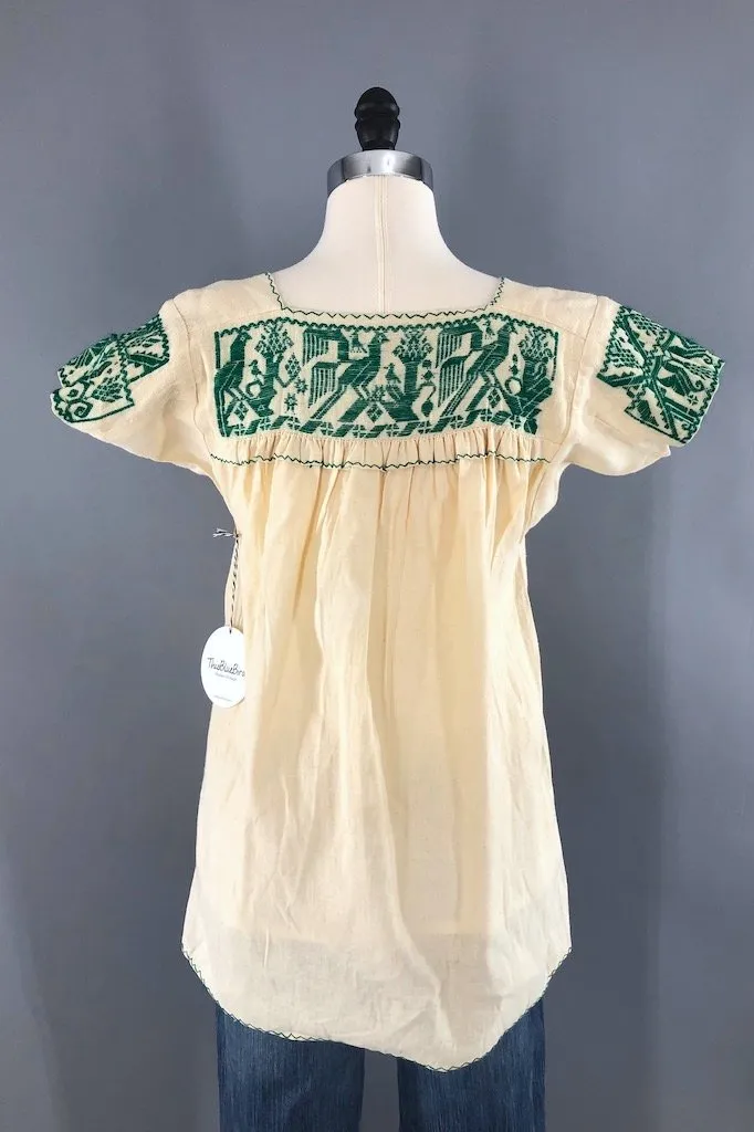 Vintage Ivory & Green Embroidered Tunic Blouse
