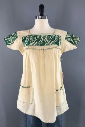 Vintage Ivory & Green Embroidered Tunic Blouse