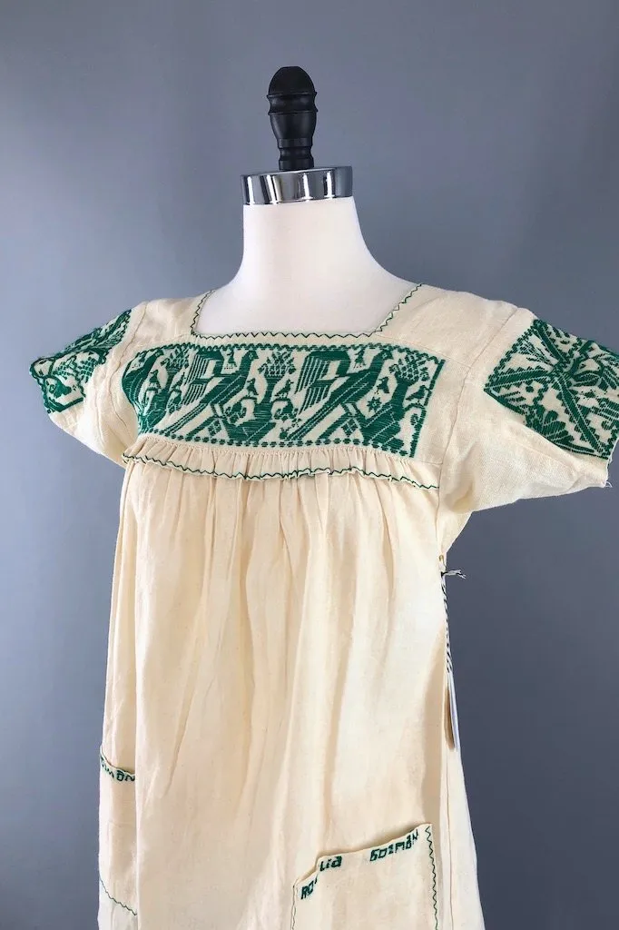 Vintage Ivory & Green Embroidered Tunic Blouse