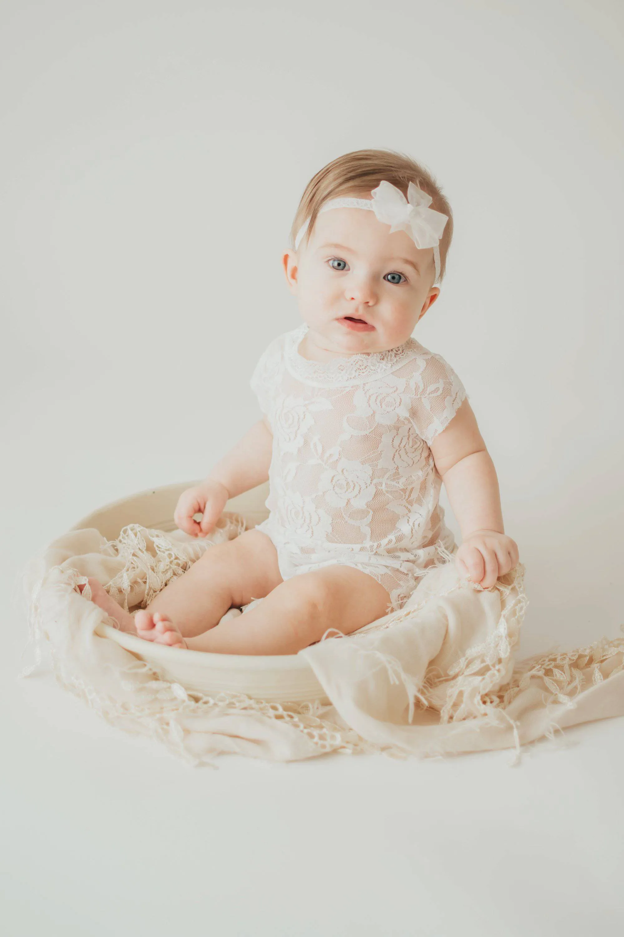 White Lace V-Back Newborn Romper with Ties