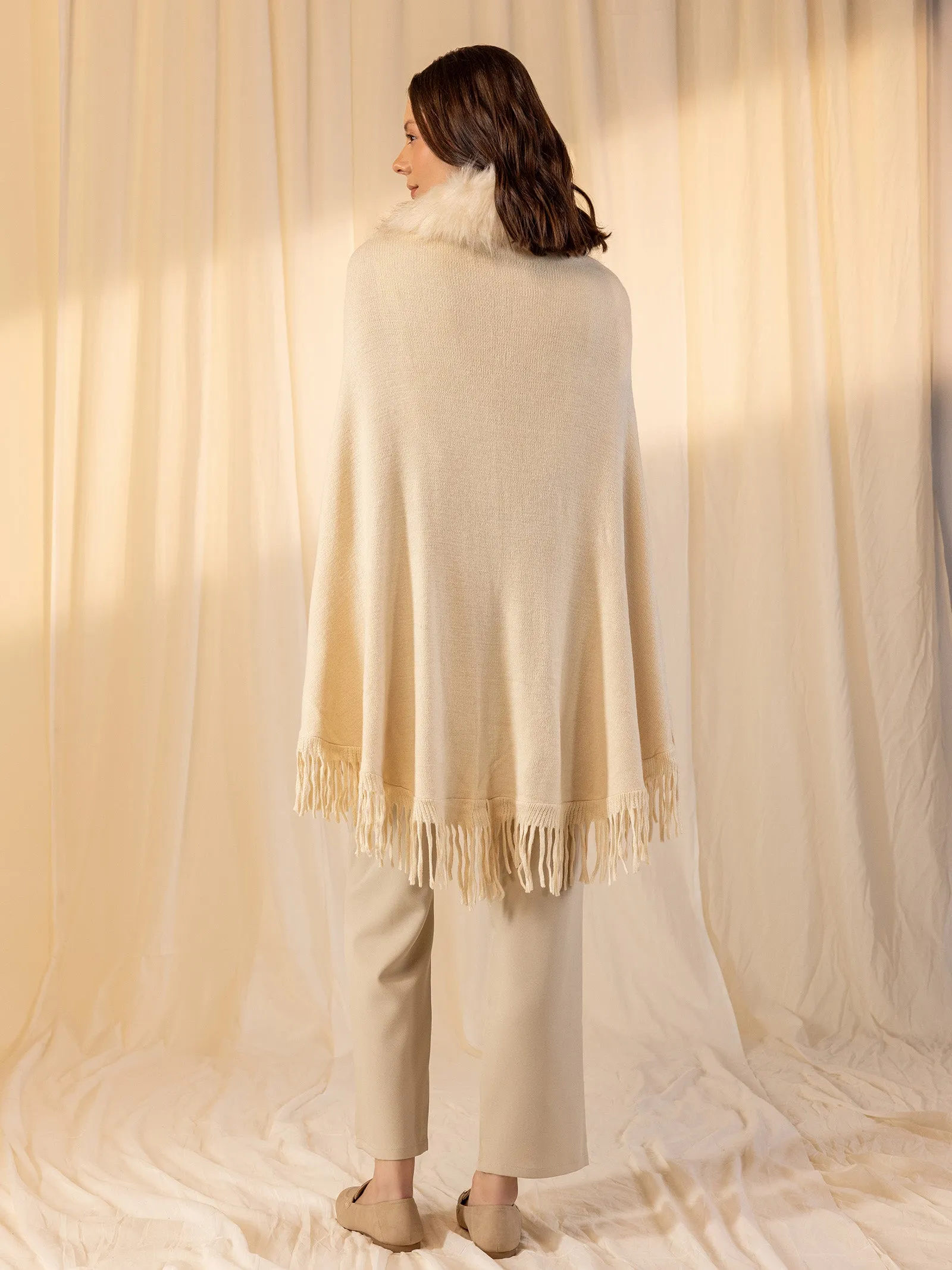 Woolen Fur Cape - Cream