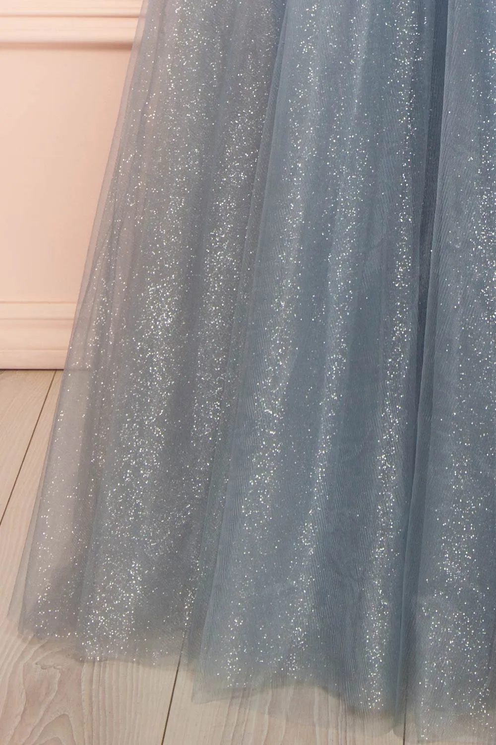 Yeji Blue Grey | Sparkly Maxi Dress w/ Embroidered Bodice