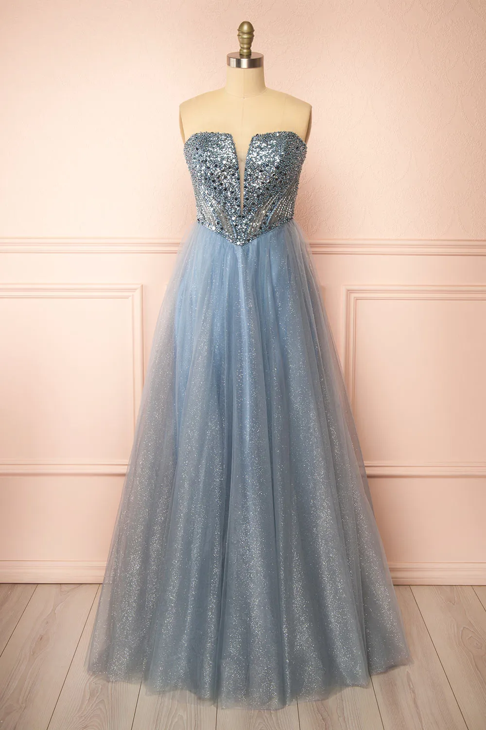 Yeji Blue Grey | Sparkly Maxi Dress w/ Embroidered Bodice