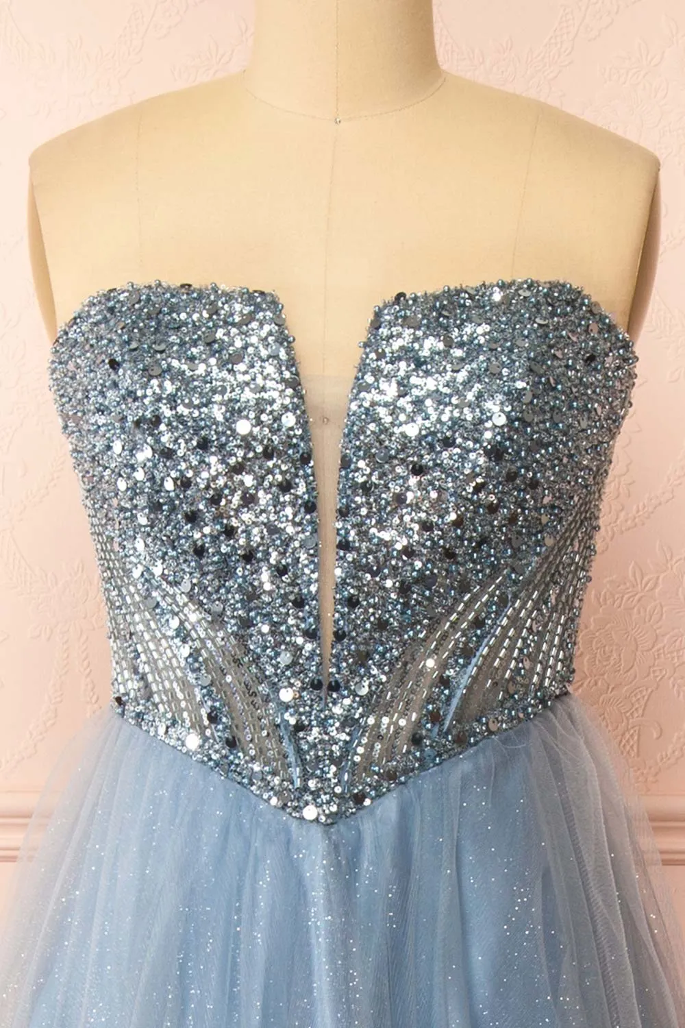 Yeji Blue Grey | Sparkly Maxi Dress w/ Embroidered Bodice
