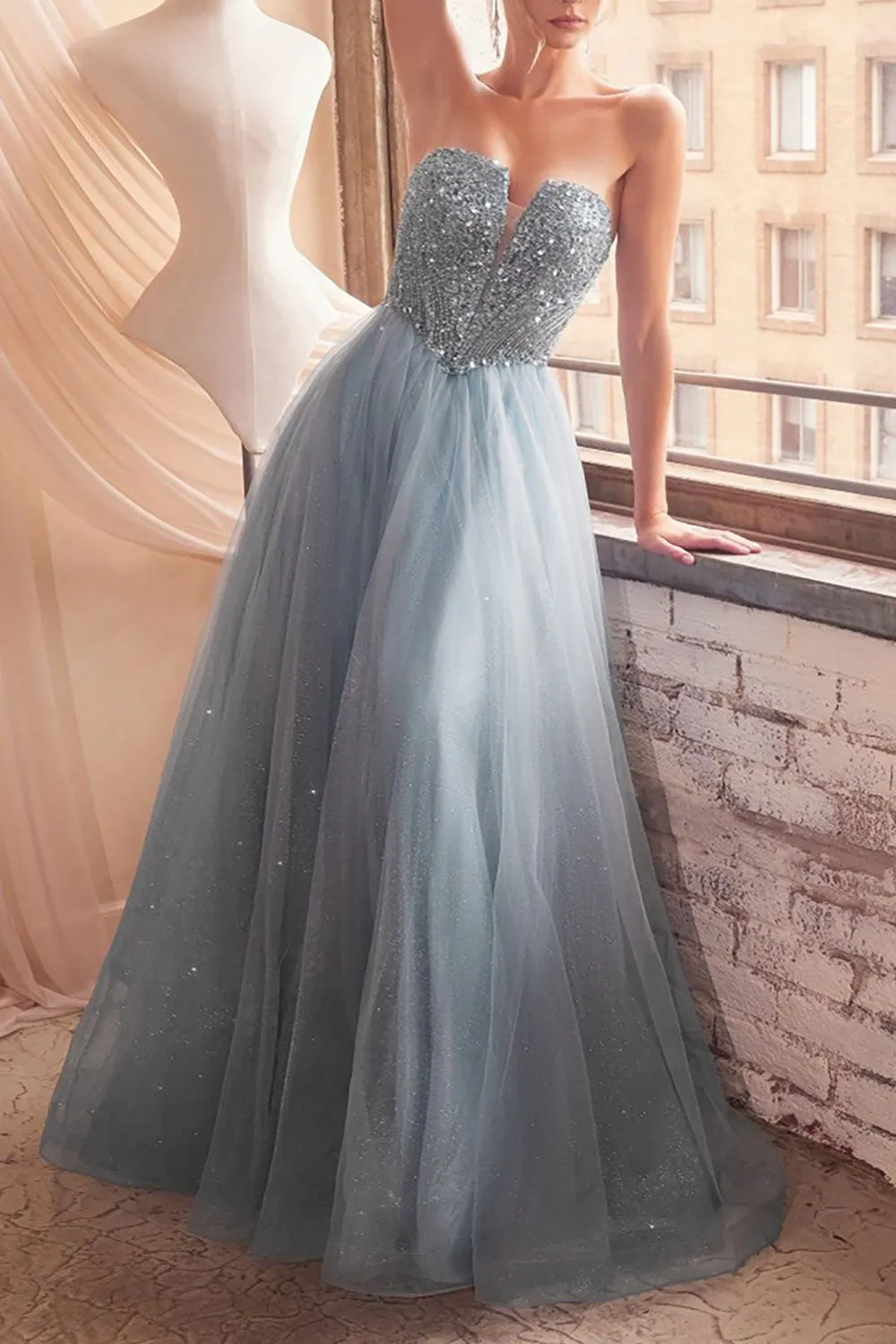Yeji Blue Grey | Sparkly Maxi Dress w/ Embroidered Bodice