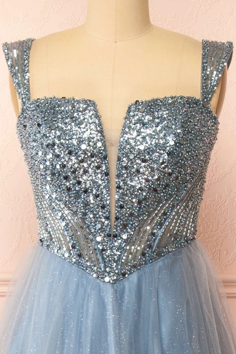 Yeji Blue Grey | Sparkly Maxi Dress w/ Embroidered Bodice