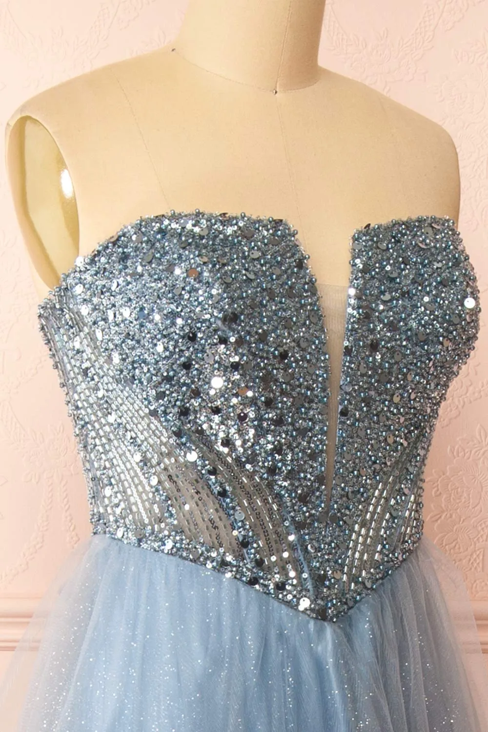 Yeji Blue Grey | Sparkly Maxi Dress w/ Embroidered Bodice
