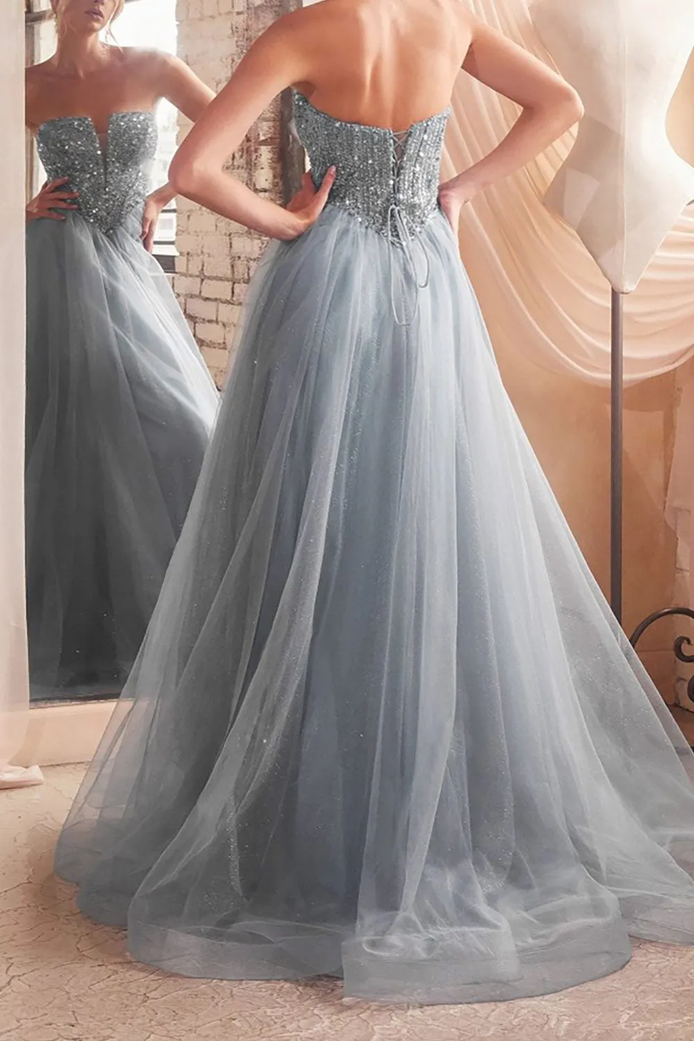 Yeji Blue Grey | Sparkly Maxi Dress w/ Embroidered Bodice