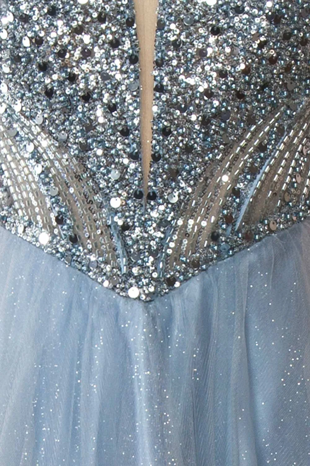 Yeji Blue Grey | Sparkly Maxi Dress w/ Embroidered Bodice