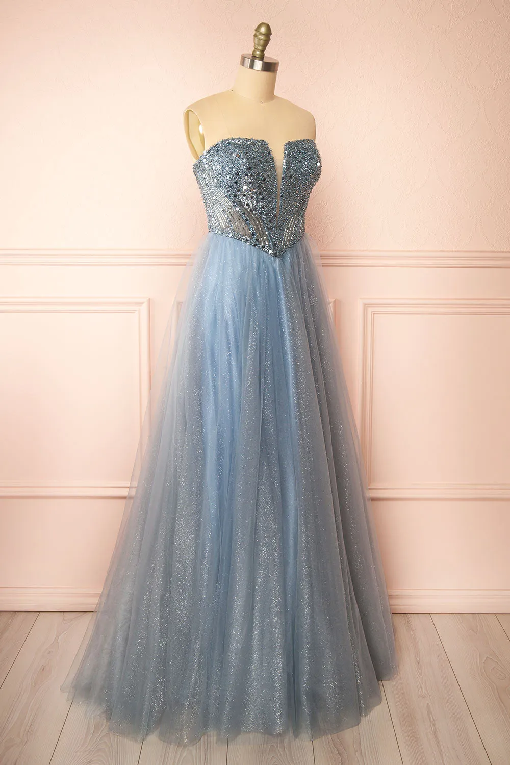Yeji Blue Grey | Sparkly Maxi Dress w/ Embroidered Bodice