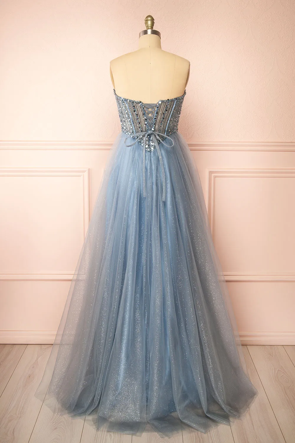Yeji Blue Grey | Sparkly Maxi Dress w/ Embroidered Bodice